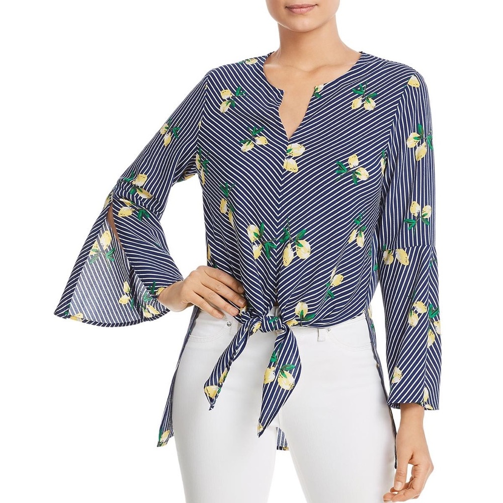Single Thread Lemon Print Striped Bell Sleeve Tie Front High Low Blouse